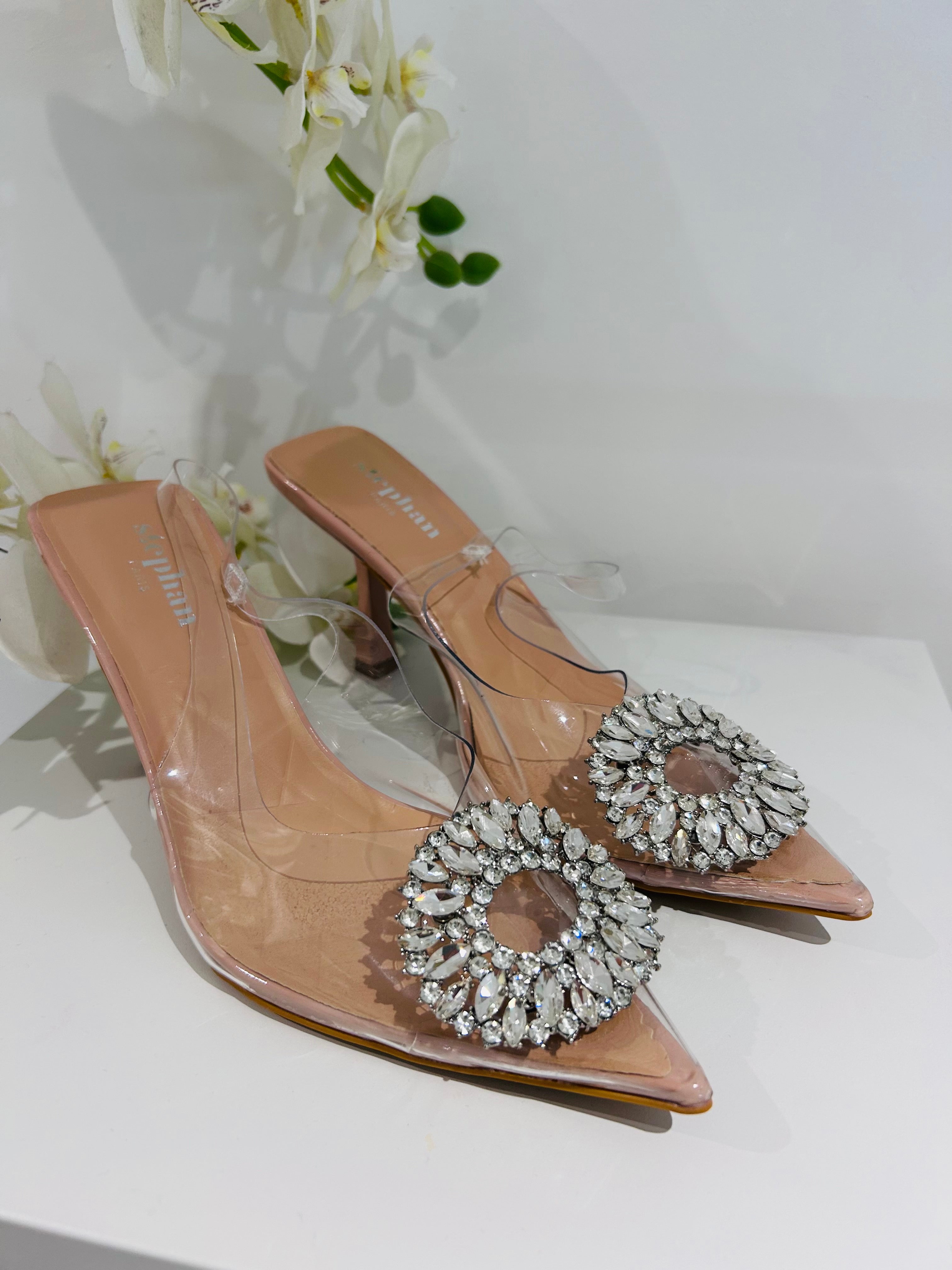 Pointed Clear Toe Nude Diamante Circle Heels No Angel Clothing