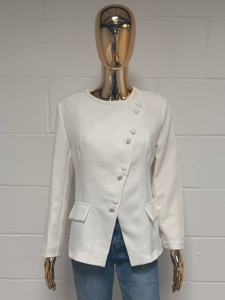 White Shoulder Asymmetric Button Blazer