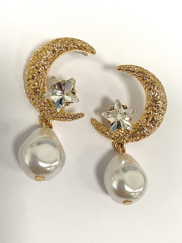 Gold Moon Star & Pearl Earrings 7580