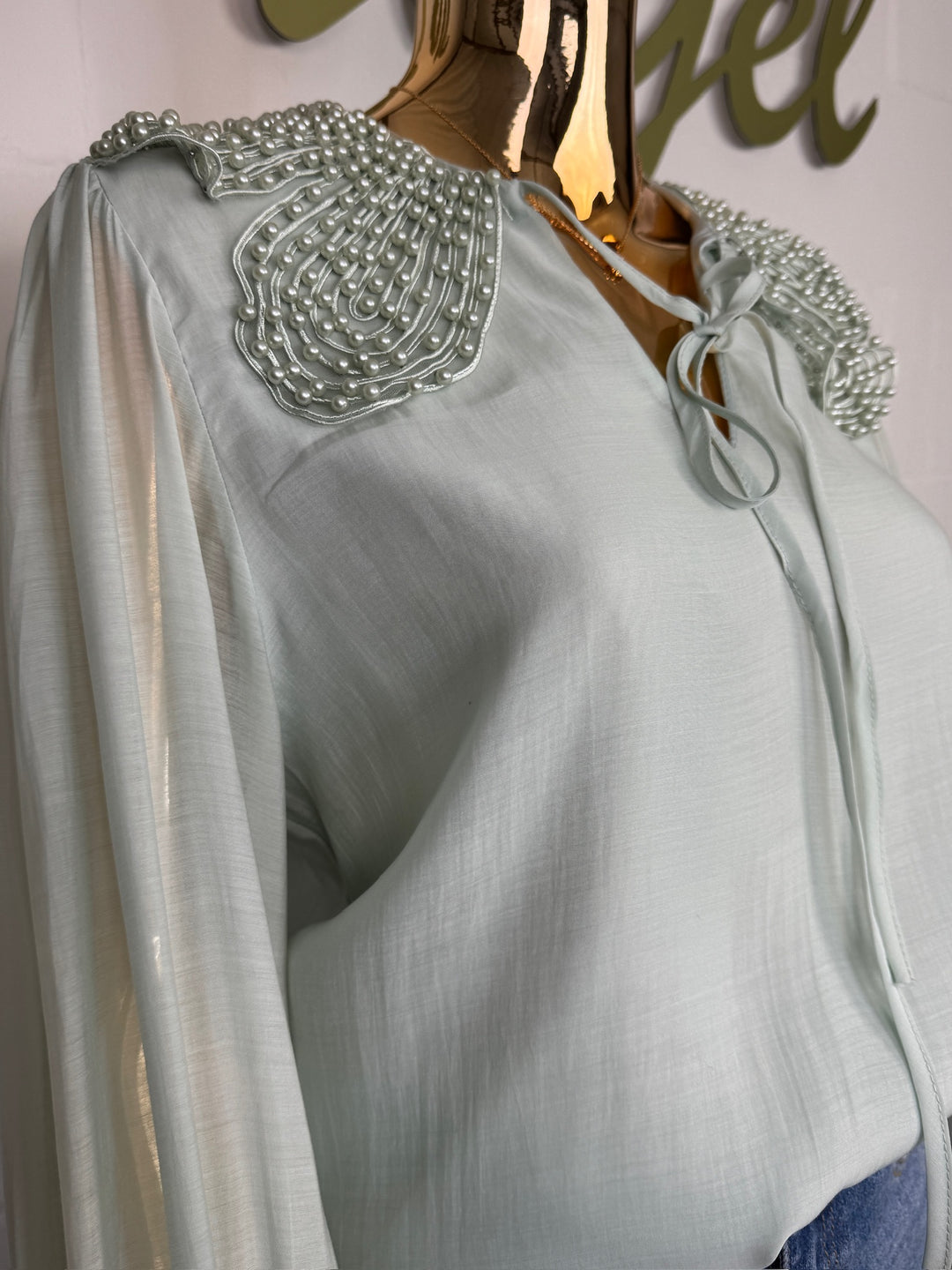 Pearl Beaded Collar Floaty Sleeve Blouse (3 Colours)