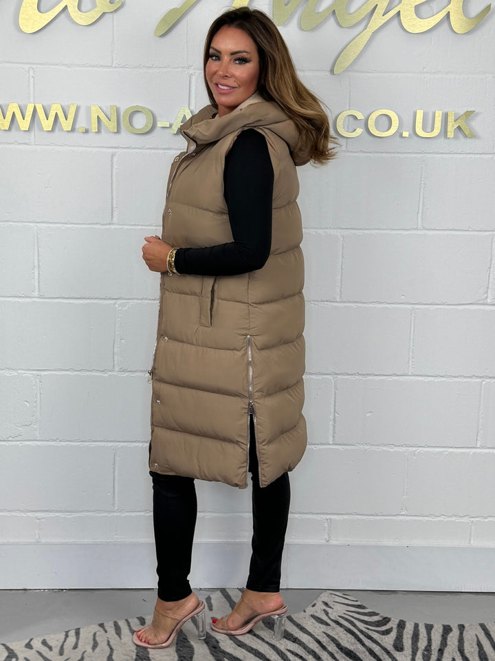 Hooded Longline Puffer Gilet Body Warmer (2 Colours)