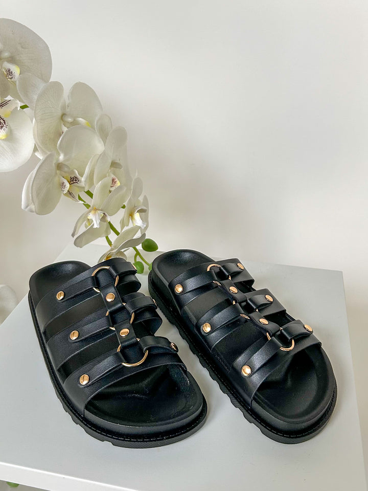 Triple Strap Sandals With Gold Circle Detail (3 Colours)