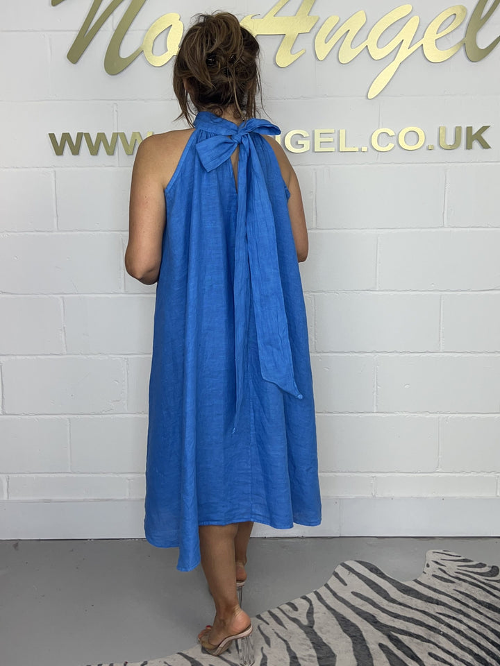 Blue High Bow Tie Neck Linen Dress 1002