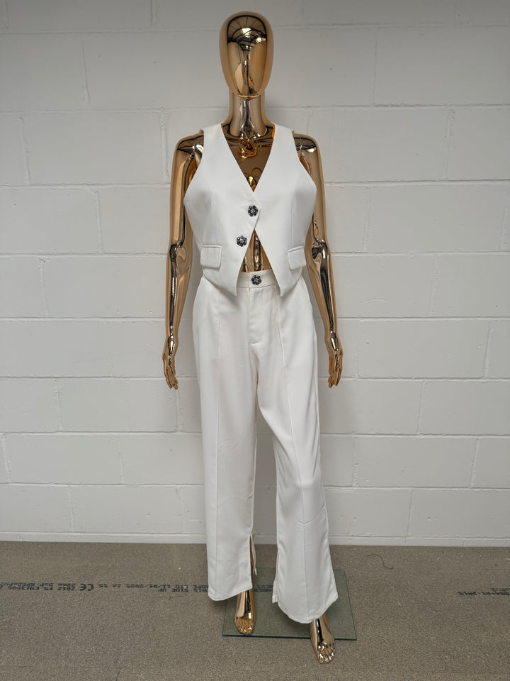 White Jewelled Flower Button Waistcoat & Trouser Co-ord