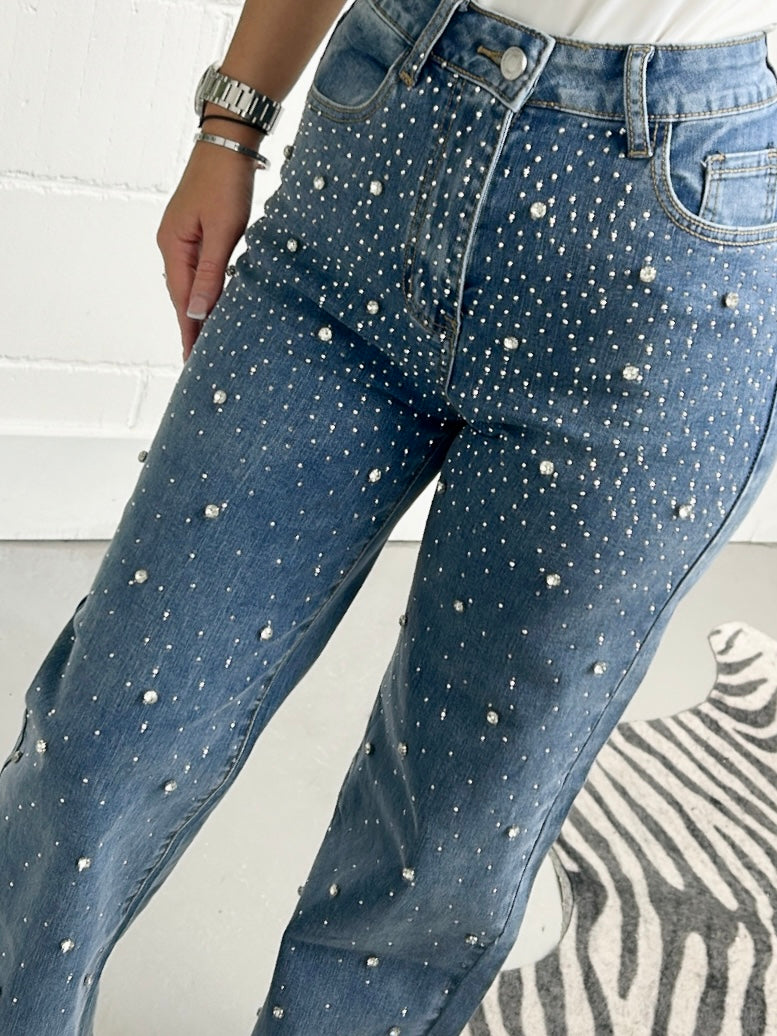 Scattered Diamante Straight Leg Blue Jeans