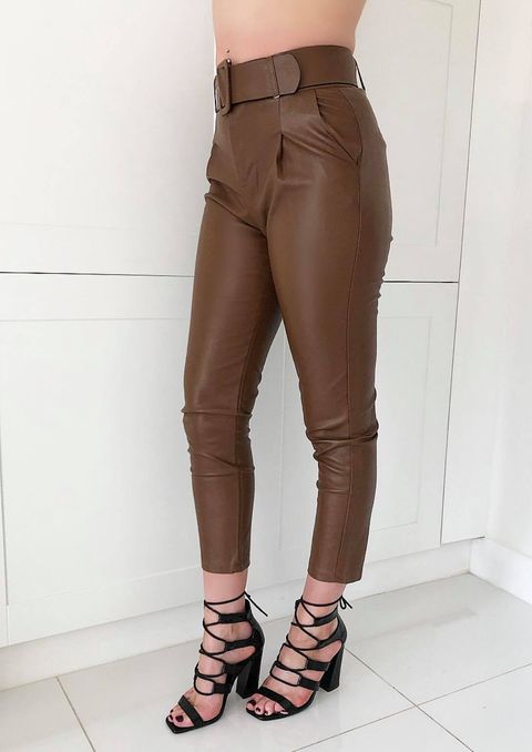 Tan Leather Look Belted Trousers