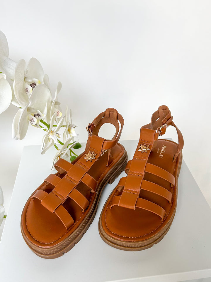 Tan Chunky Gladiator Faux Leather Sandals