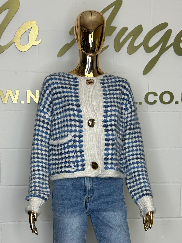 Blue/White Thick Knit Checked Gold Button Cardigan