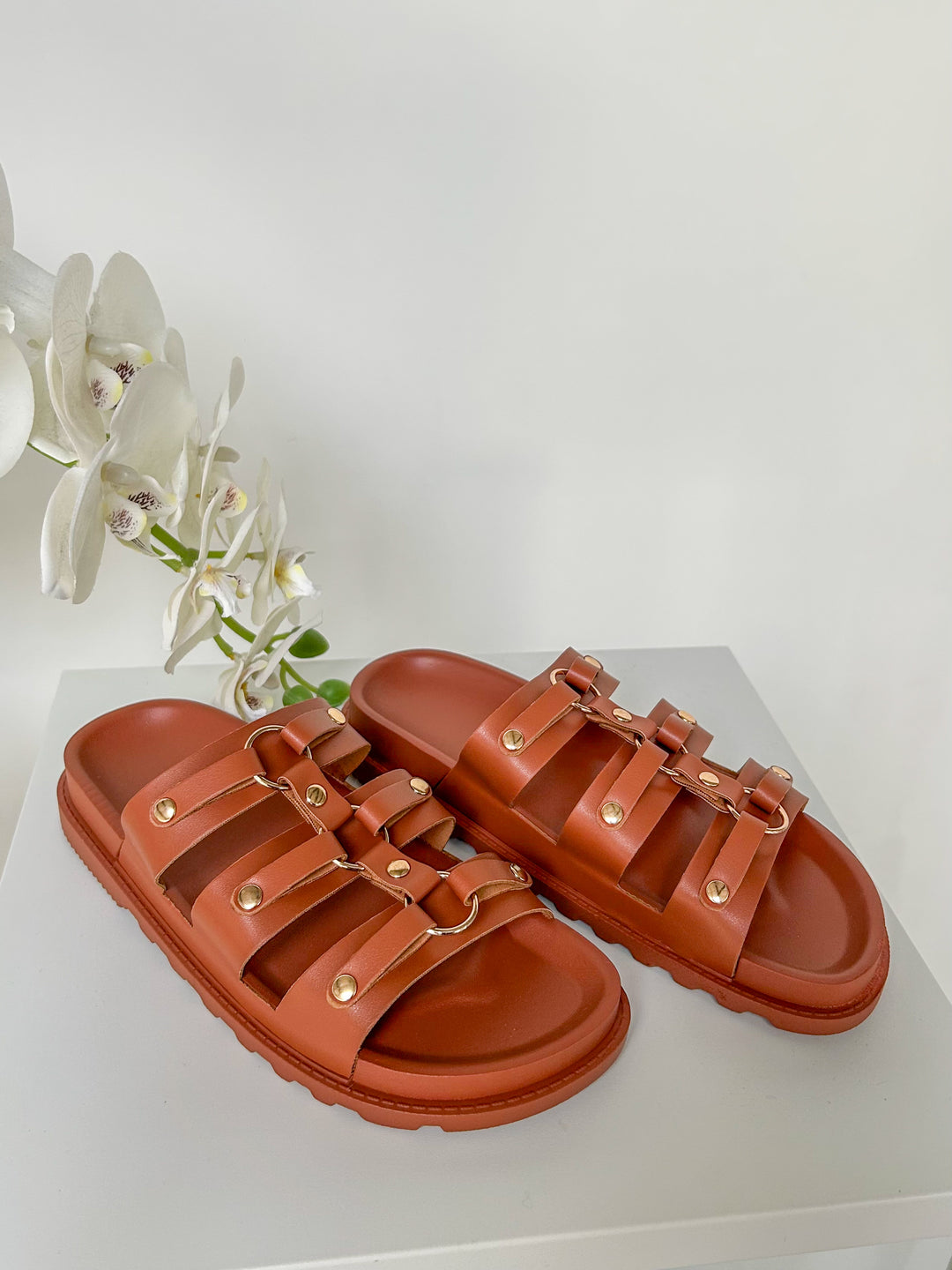 Triple Strap Sandals With Gold Circle Detail (3 Colours)