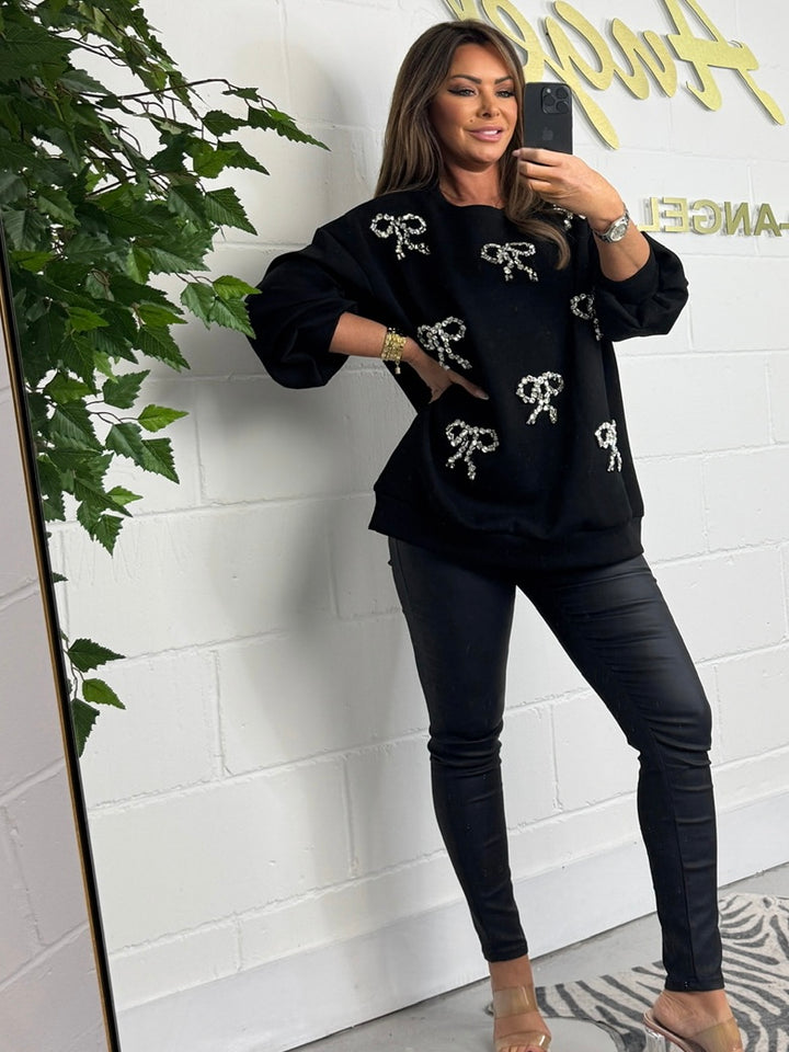 Black Oversized Jewelled Bow Front Jumper