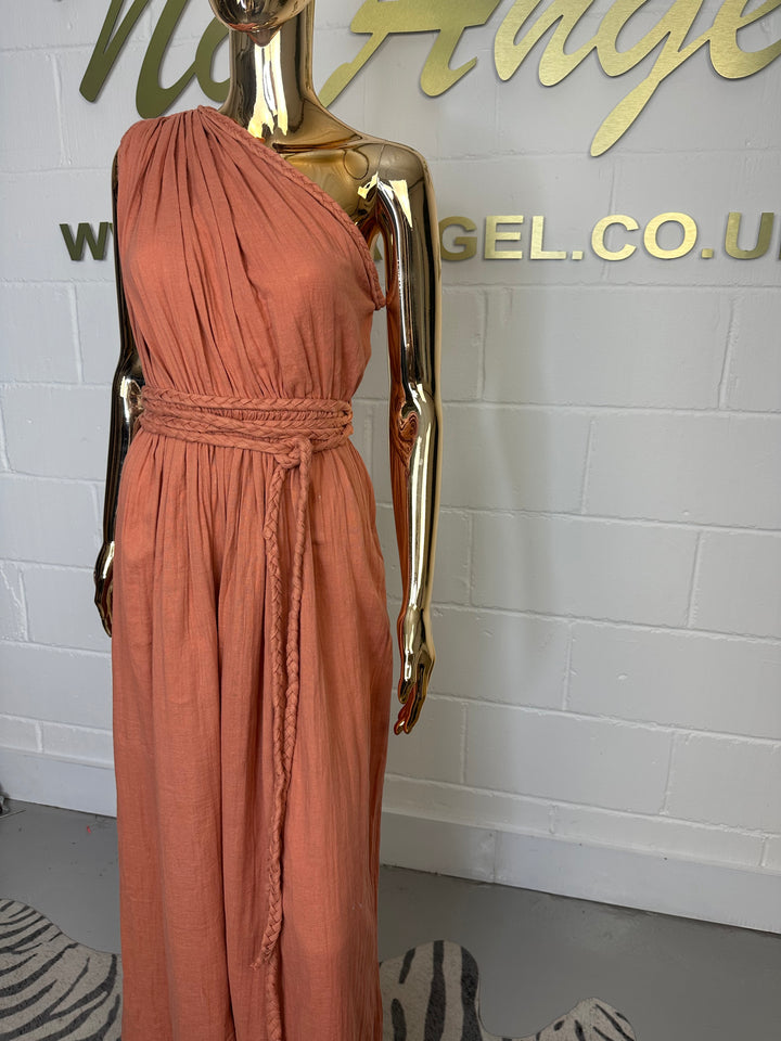 Terracotta One Shoulder Side Split Dress With Plaited Belt