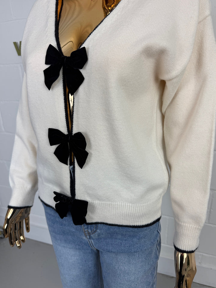 V-Neck Triple Bow Middle Cardigan (2 Colours)