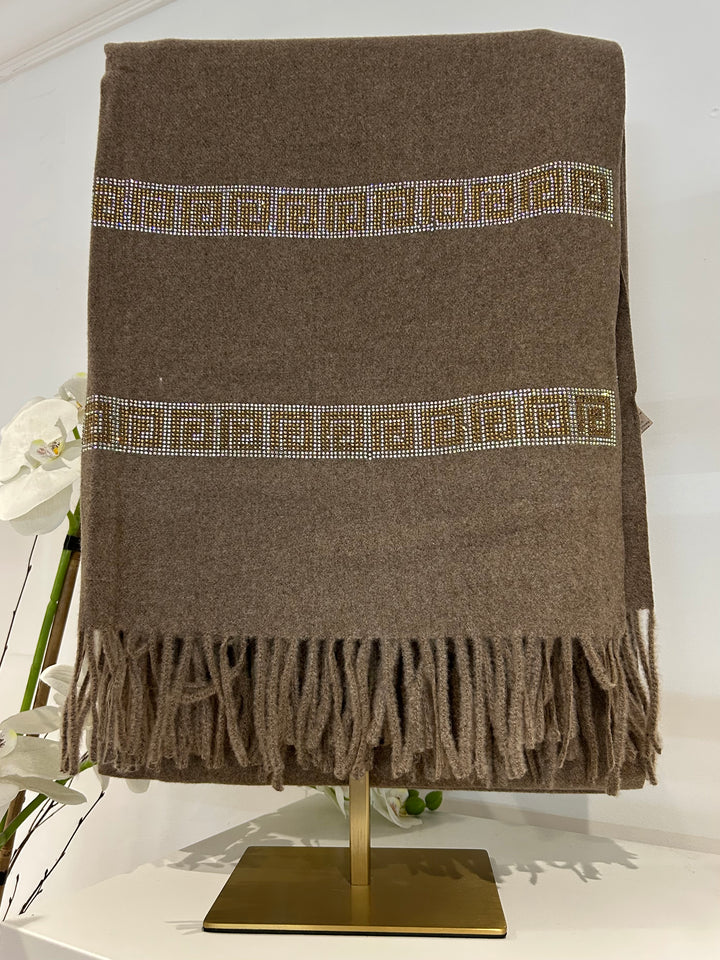 Mocha Jewelled Trim Tassel Bottom Scarf