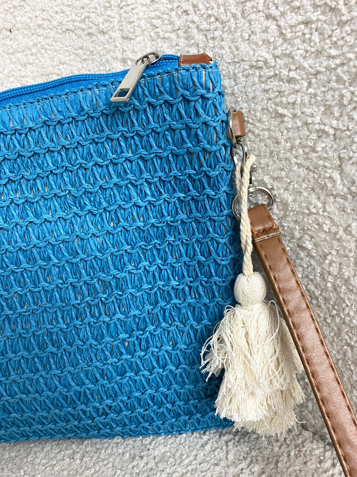 Blue Woven Straw Tassel Clutch Bag 8602