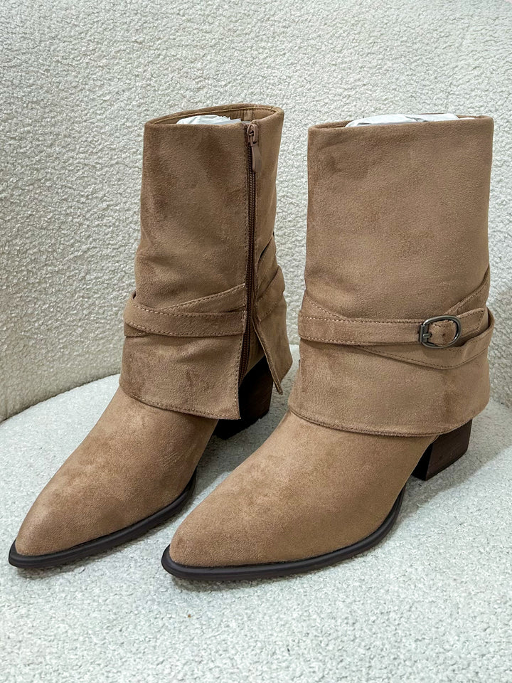 Camel Fold Over Buckle Boots