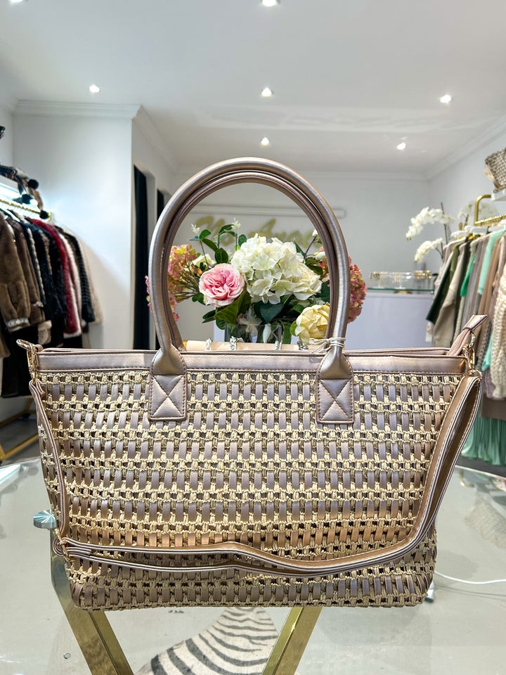 Woven Straw Rose Gold Faux Leather Tote Bag