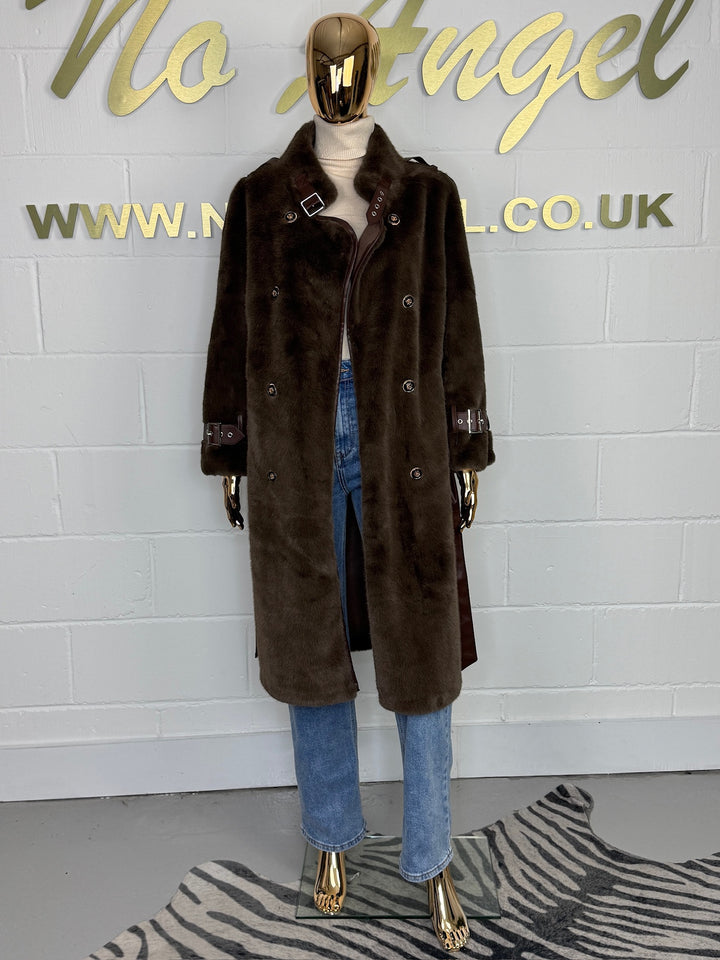 Faux Fur Leather Trim Belted Longline Coat (3 Colours)