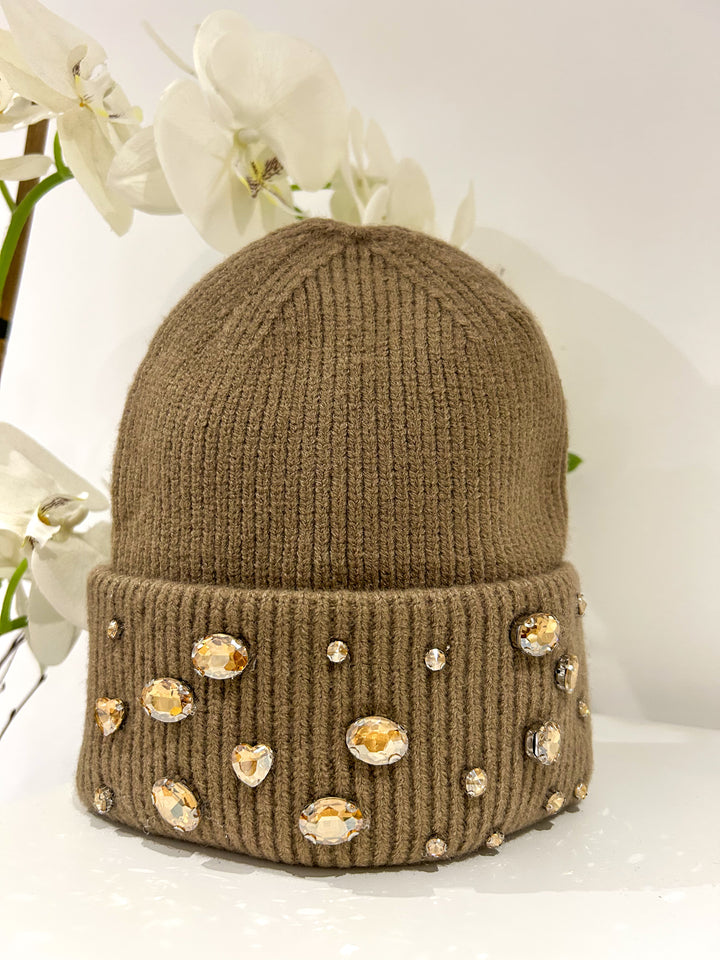 Heart Jewelled Knitted Beanie Hat (3 Colours)