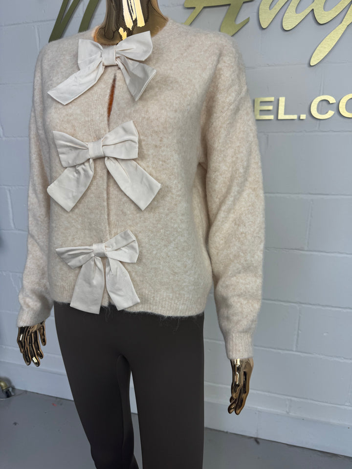 Beige Soft Knit Triple Bow Cardigan