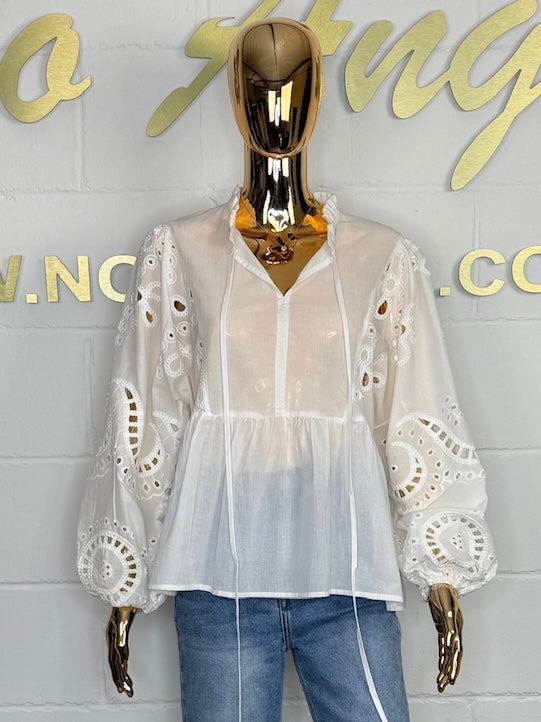 White Embroidery Anglaise Open Collar Peplum Shirt