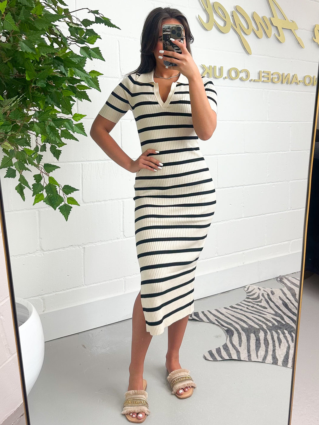 Stripe Collared Knit Short Sleeve Maxi Dress (3 Colours)