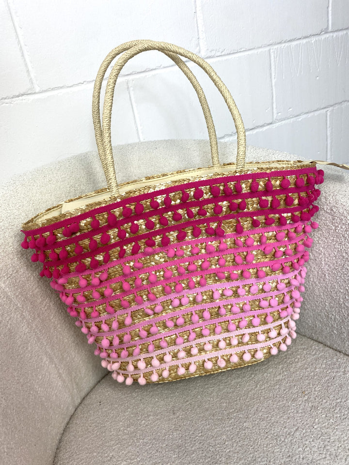 Pink Pom Pom Straw Woven Beach Bag