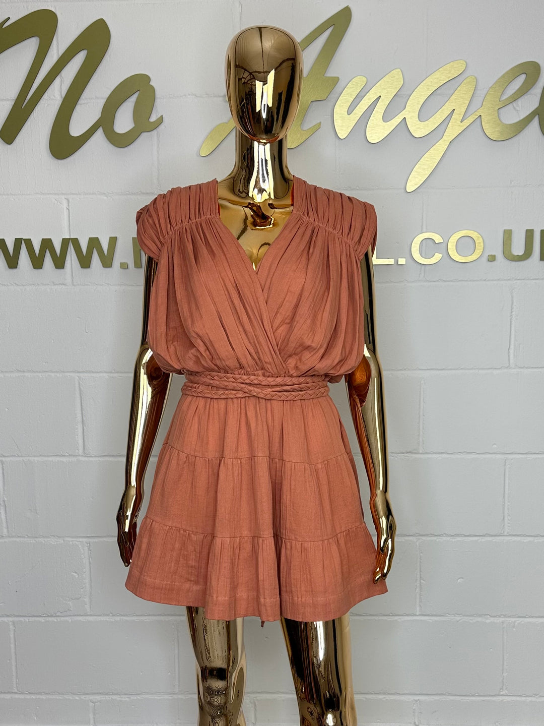 Terracotta Smocked V-neck Top Tiered Bottom Belted Dress