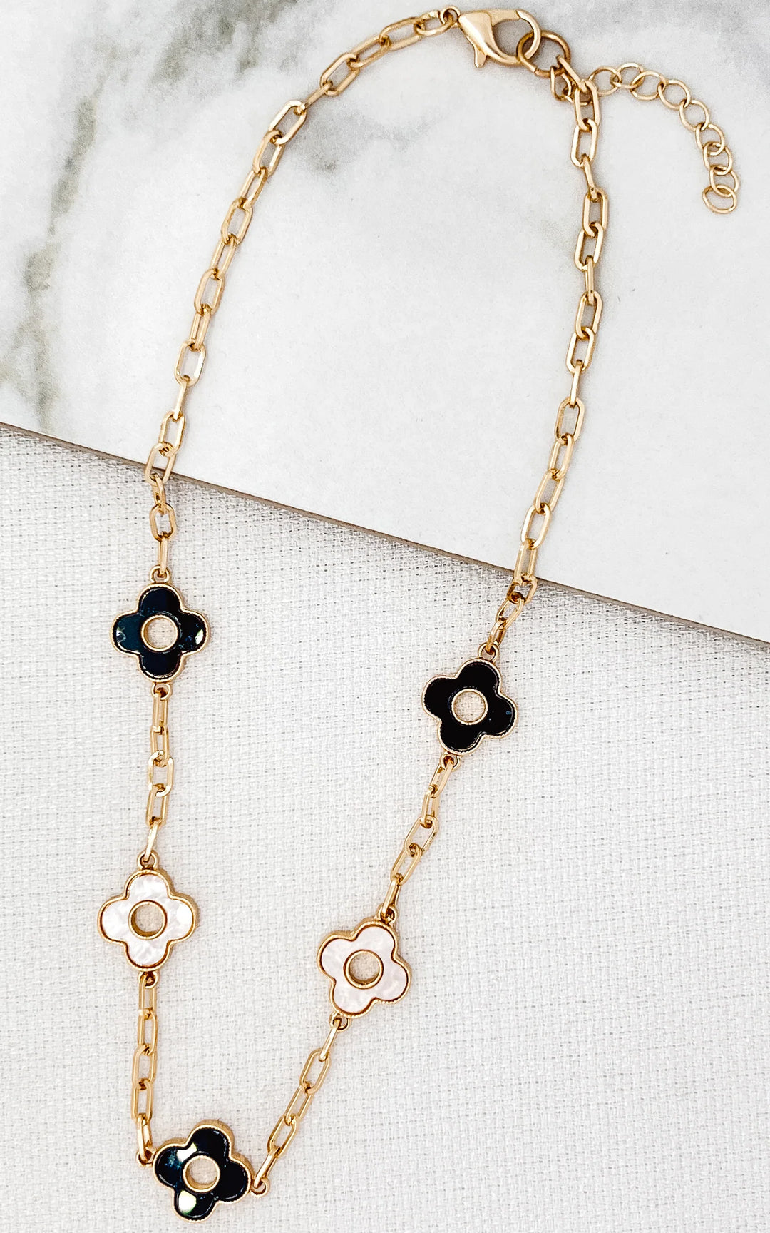 Gold Black & Mother Of Pearl Multi Clover Necklace