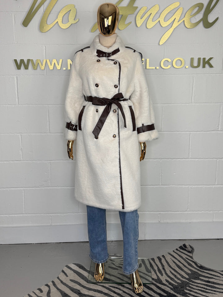 Faux Fur Leather Trim Belted Longline Coat (3 Colours)