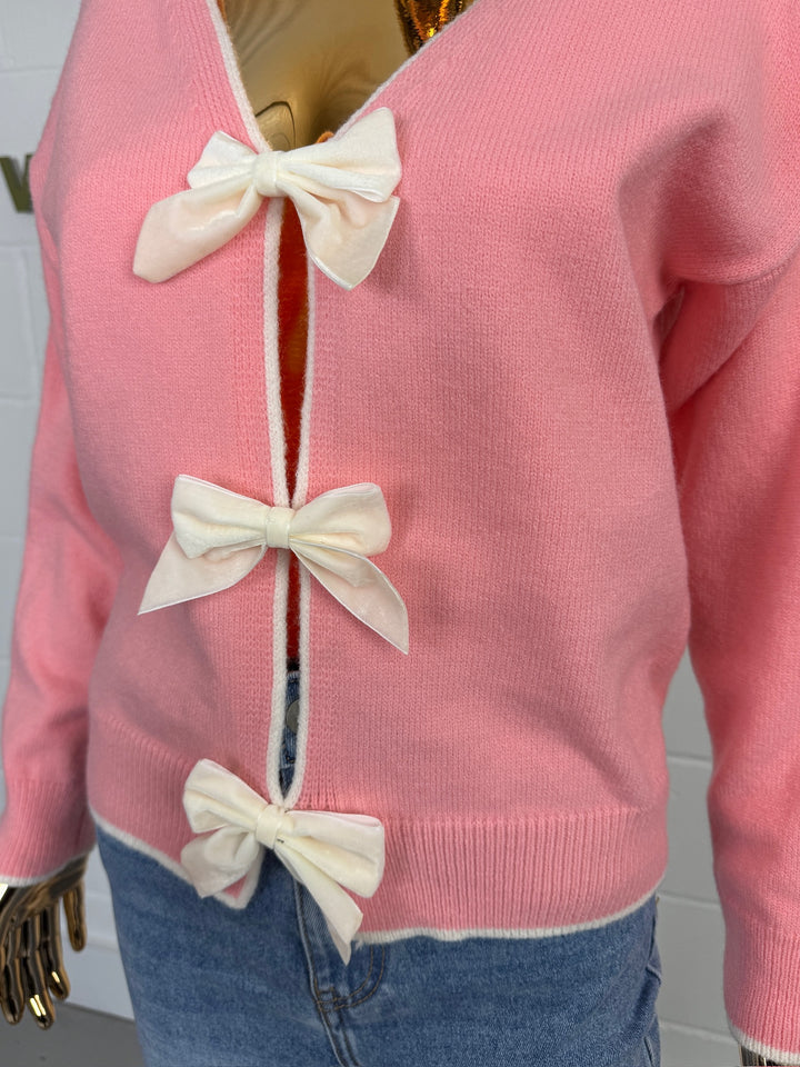 V-Neck Triple Bow Middle Cardigan (2 Colours)