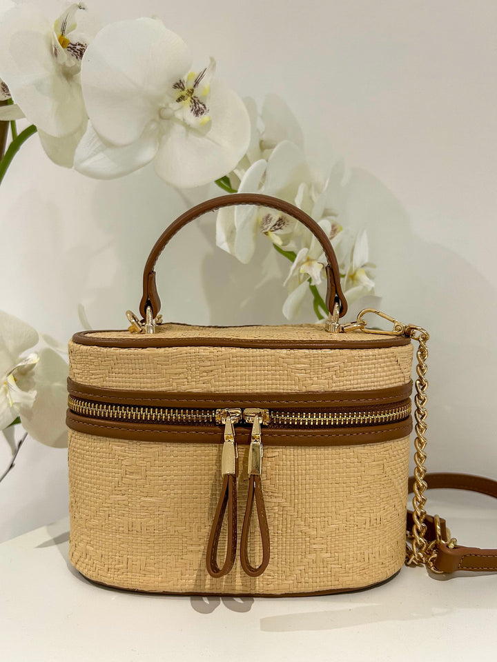 Faux Leather Trim Straw Style Bucket Bag (3 Colours)