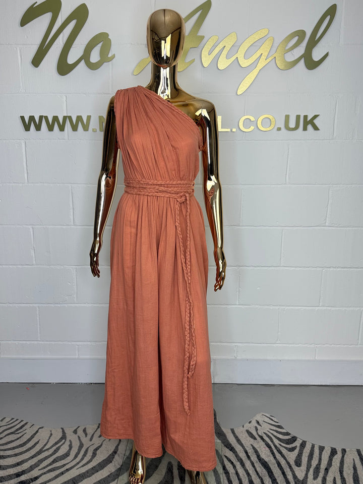 Terracotta One Shoulder Side Split Dress With Plaited Belt