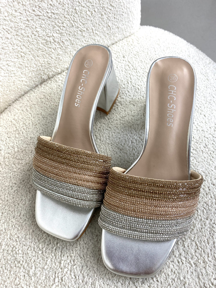 Silver/Rosegold/Gold Diamontè Block Heel Sandals 8648