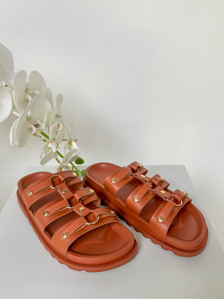 Triple Strap Sandals With Gold Circle Detail (3 Colours)