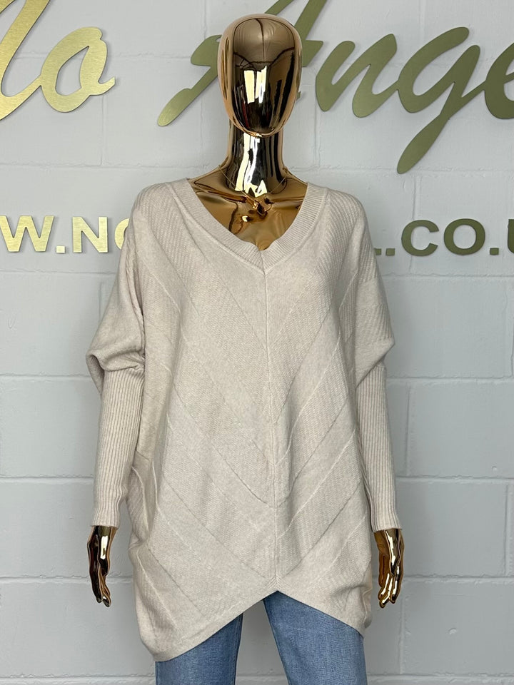 V-Neck Ribbed Chevron Oversize Batwing Jumper (3 Colours)