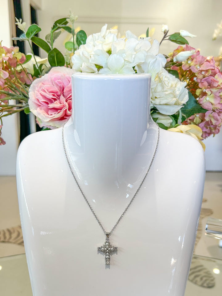 Delicate Silver Necklace With A Pearl/Diamante Encrusted Cross Pendant