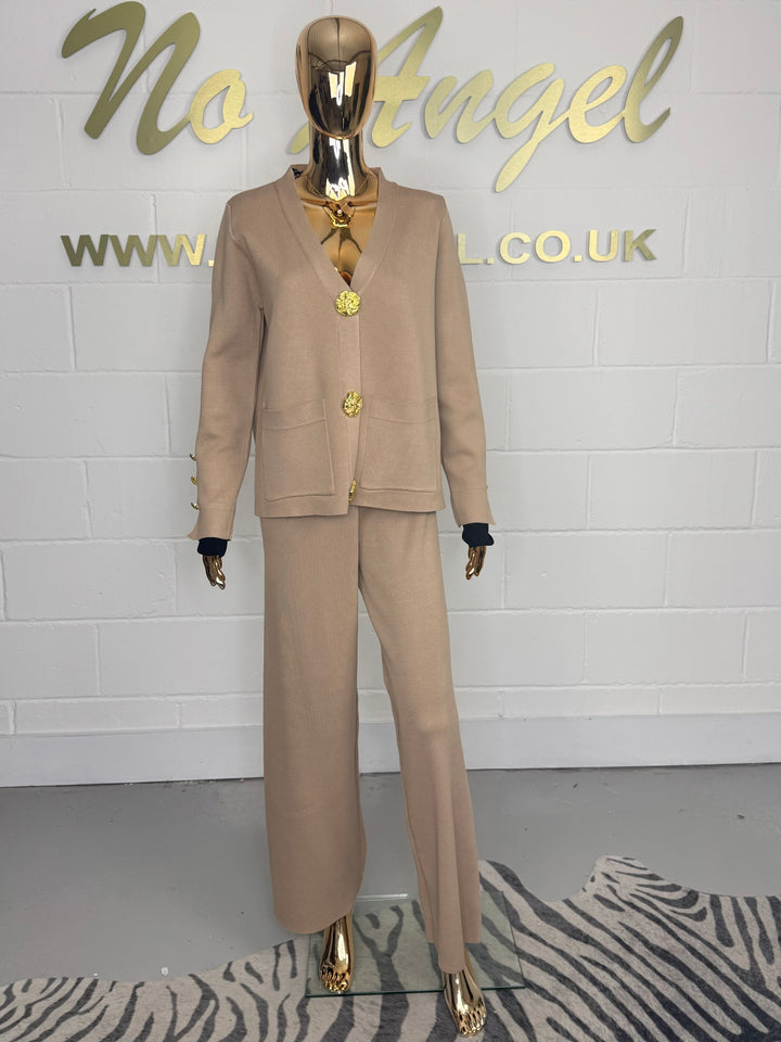 Gold Button Soft Knit Contrast Cuff Cardigan & Trouser Co-Ord (3 Colours)