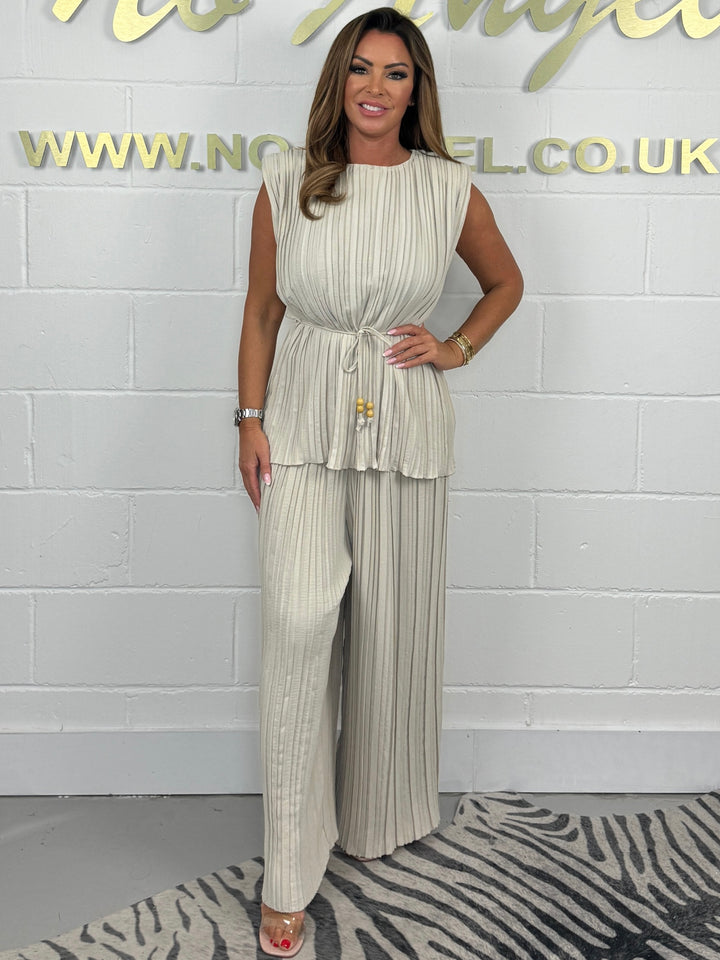 Pleated Beaded Tie Waist Top & Trouser Co-Ord (4 Colours)