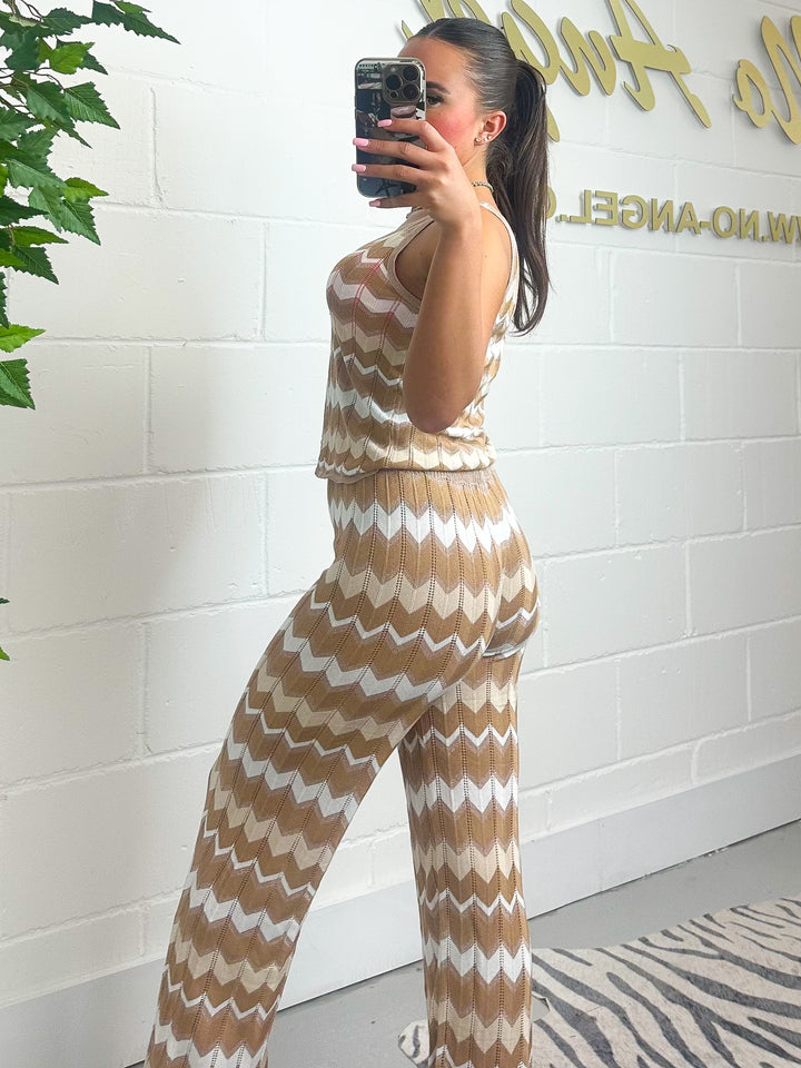 Gold/Tan/White Zigzag Flared Leg And Vest Trouser Co-ord 9989
