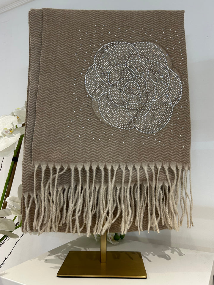 Beige Studded Rose Detail Tassel Bottom Scarf