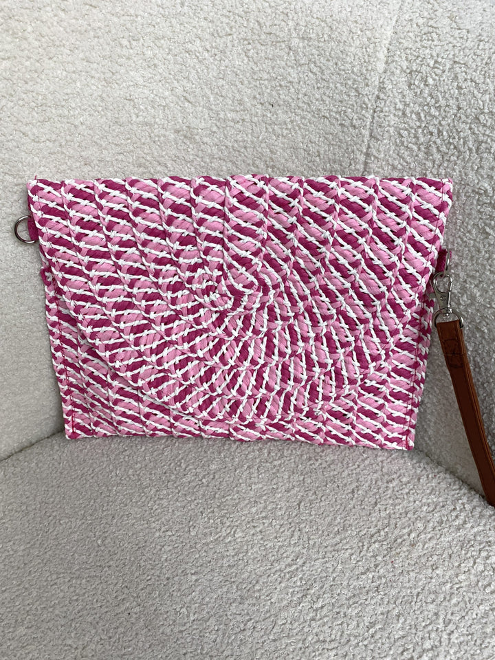 Pink Flecked Woven Straw Envelope Clutch Bag 8597