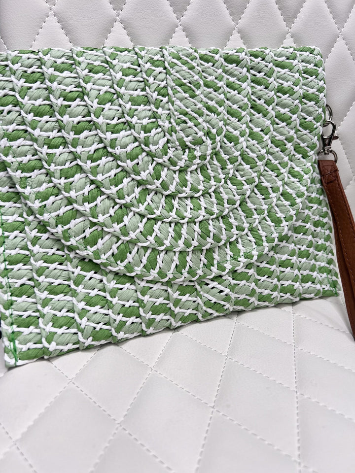 Green Flecked Woven Straw Envelope Clutch Bag 8598