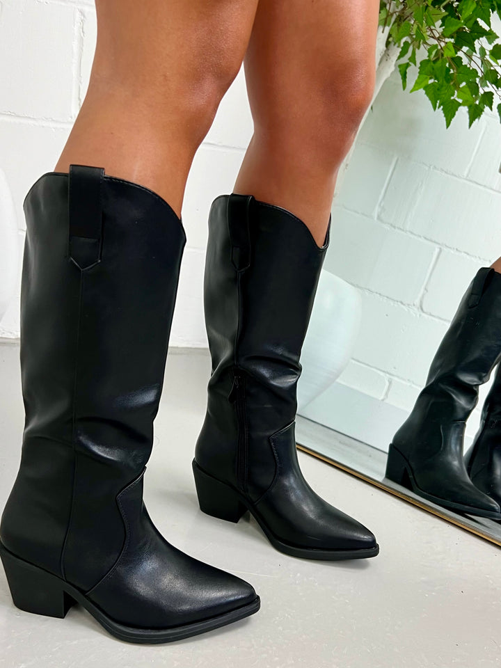 Black Faux Leather Western Cowboy Boots