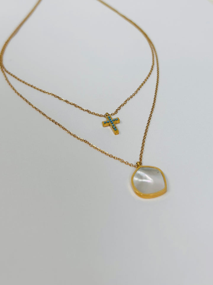 Double Layered Gold Cross Necklace With Pearl Stone