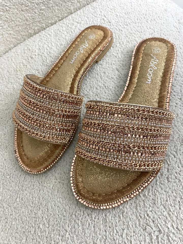 Rose Gold Chain/Silver Studded Slider Sandals 8894