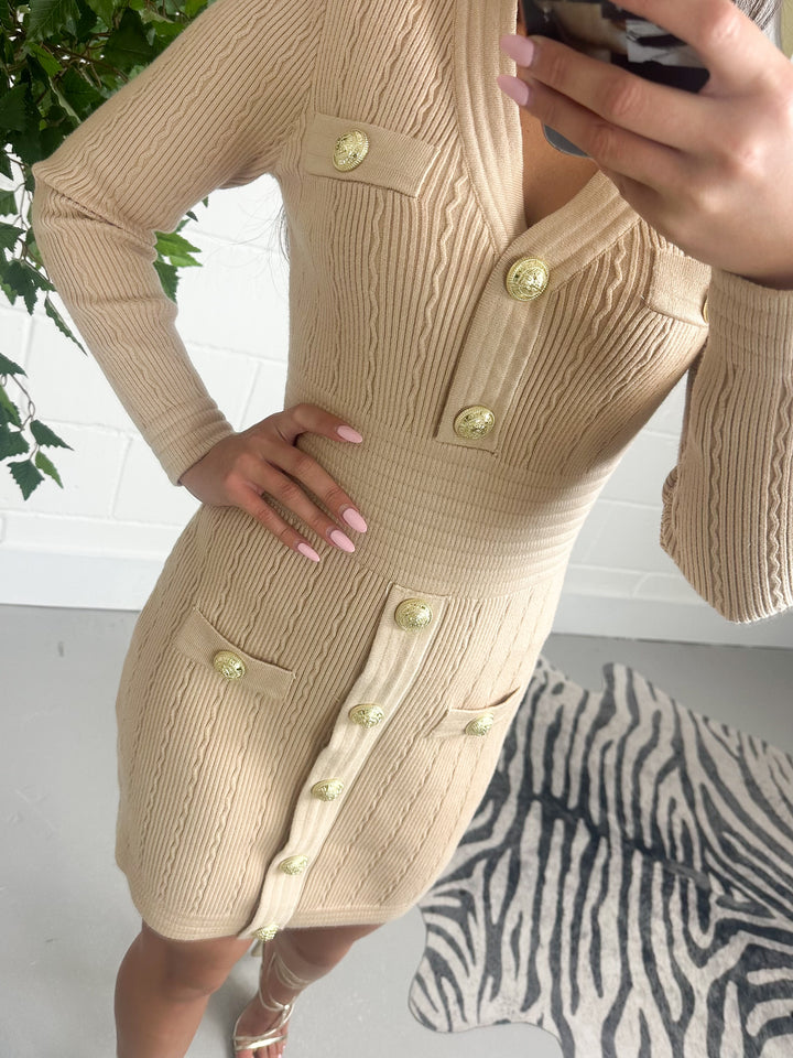 Knitted V Neck Gold Button Mini Dress ( 2 Colours )