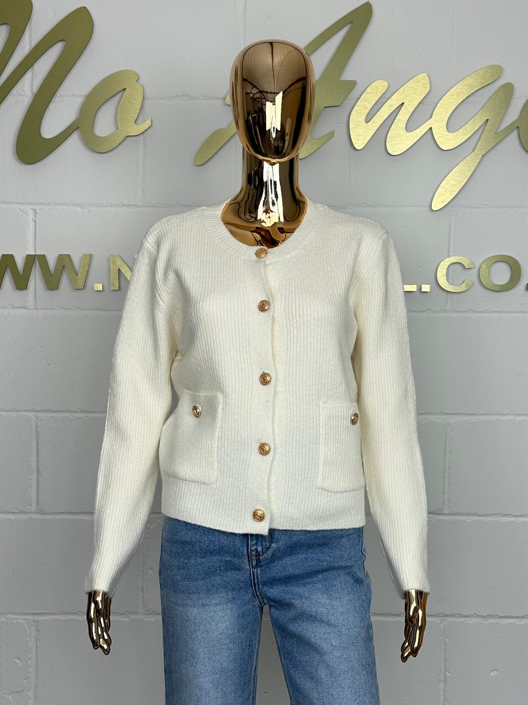 Cream Knit Gold Button Pocket Cardigan