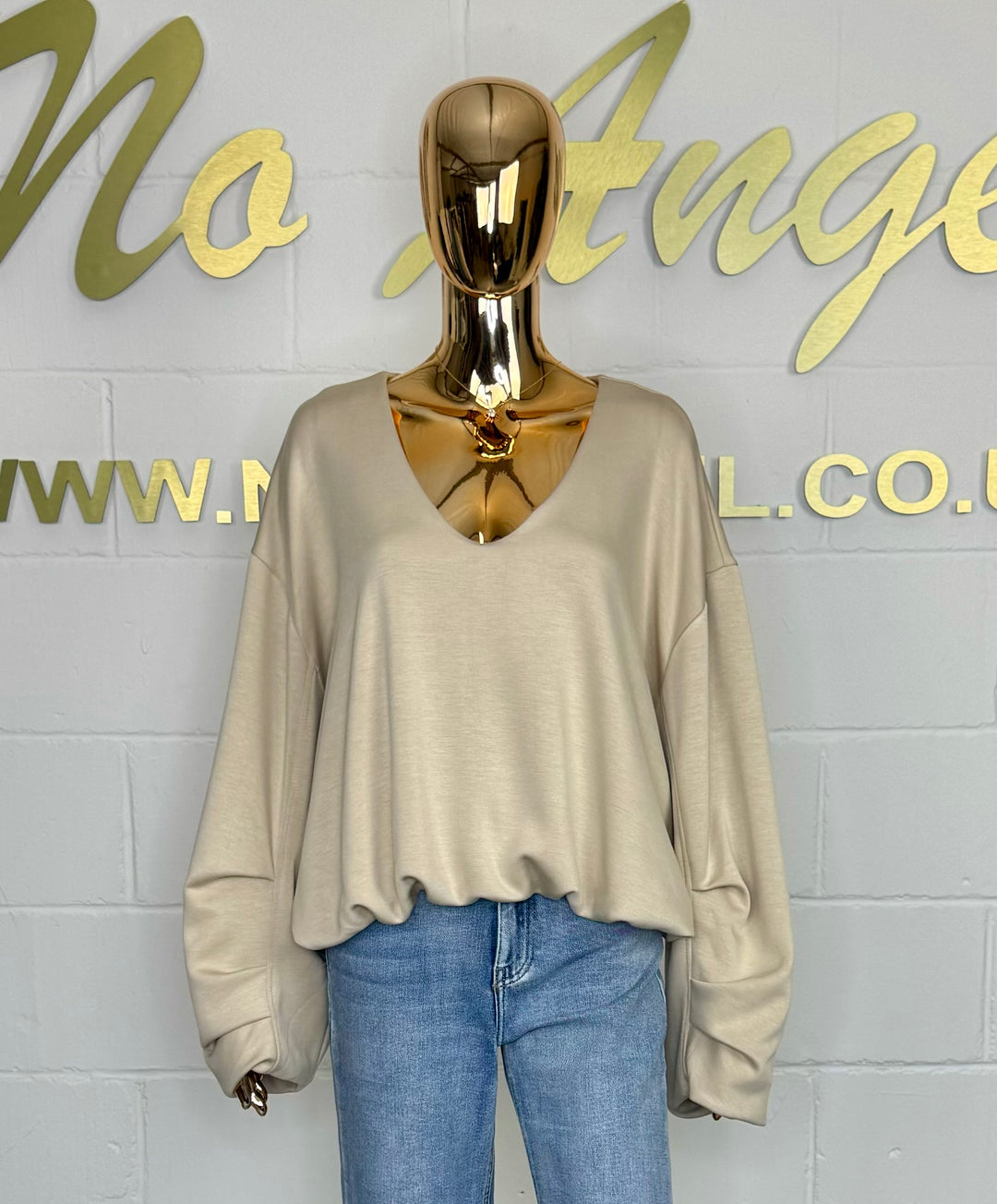 Beige V Neck Balloon Sleeve Elasticated Puff Ball Jumper