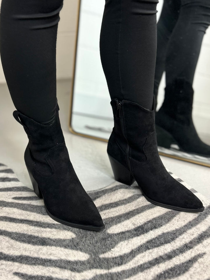 Black Faux Suede Ankle Cowboy Boots