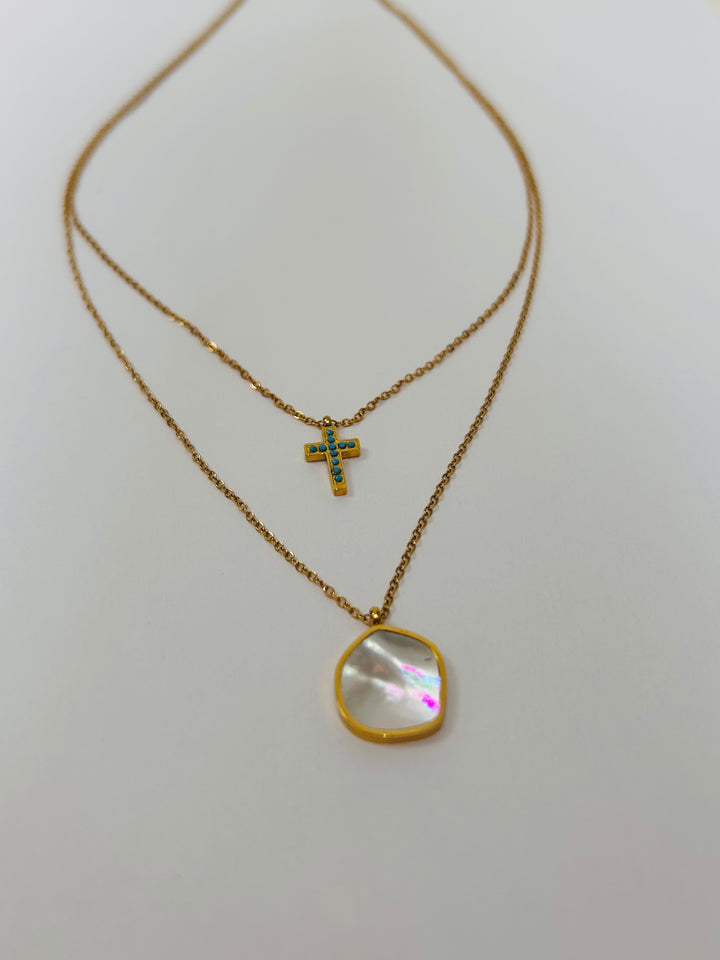 Double Layered Gold Cross Necklace With Pearl Stone